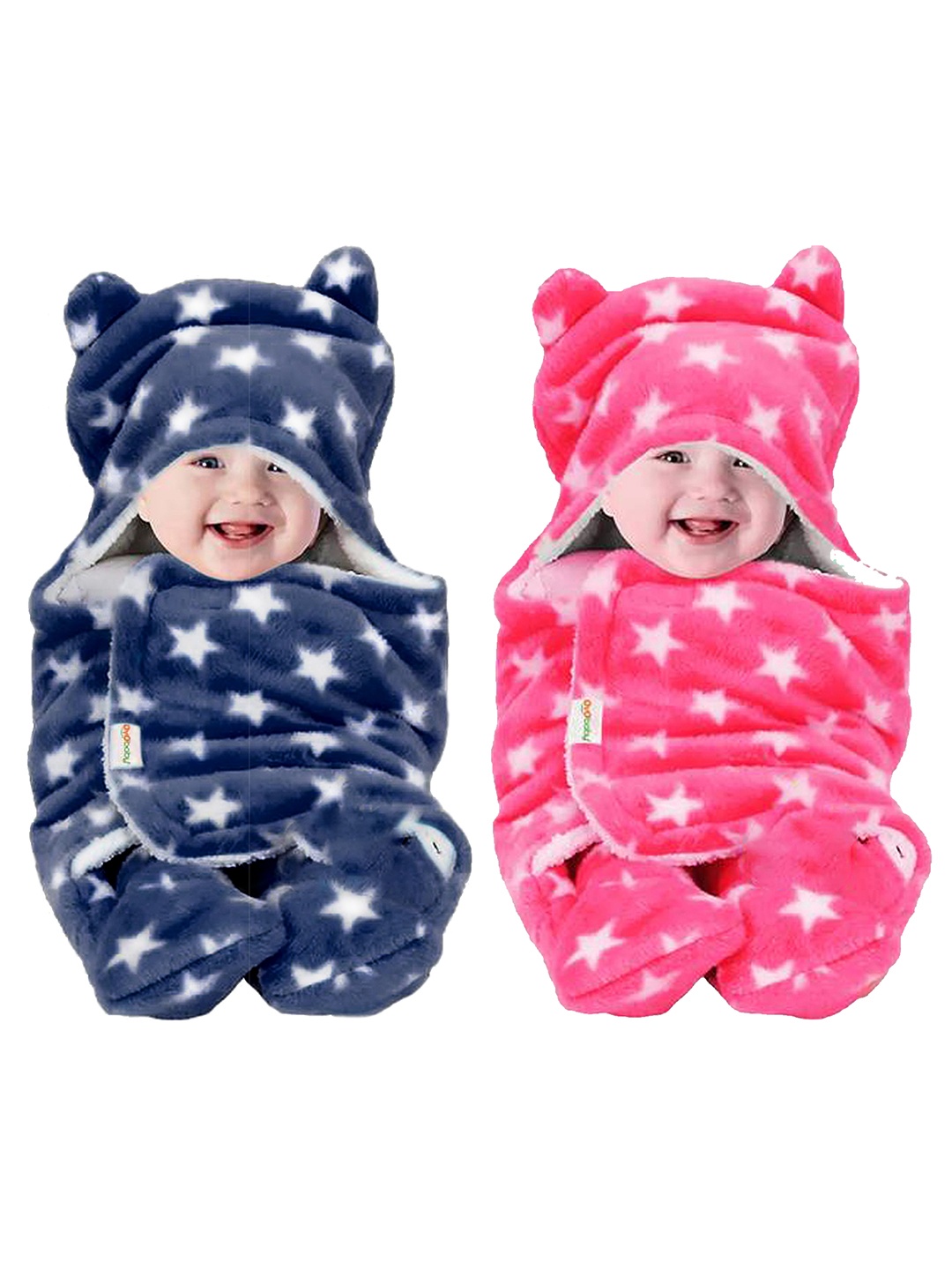 

OyO Baby Infants Kids Blue & Pink Printed 3 In 1 Hooded Baby Blanket Wrapper, Navy blue