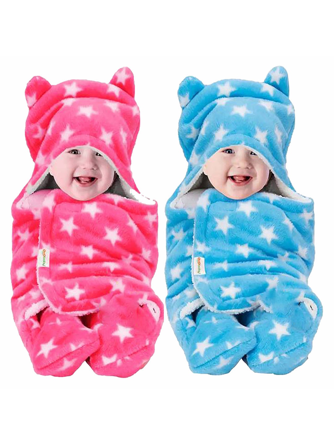 

OyO Baby Infants Kids Pink & Blue 2 Pieces Printed 3 In 1 Hooded Baby Blanket Wrapper