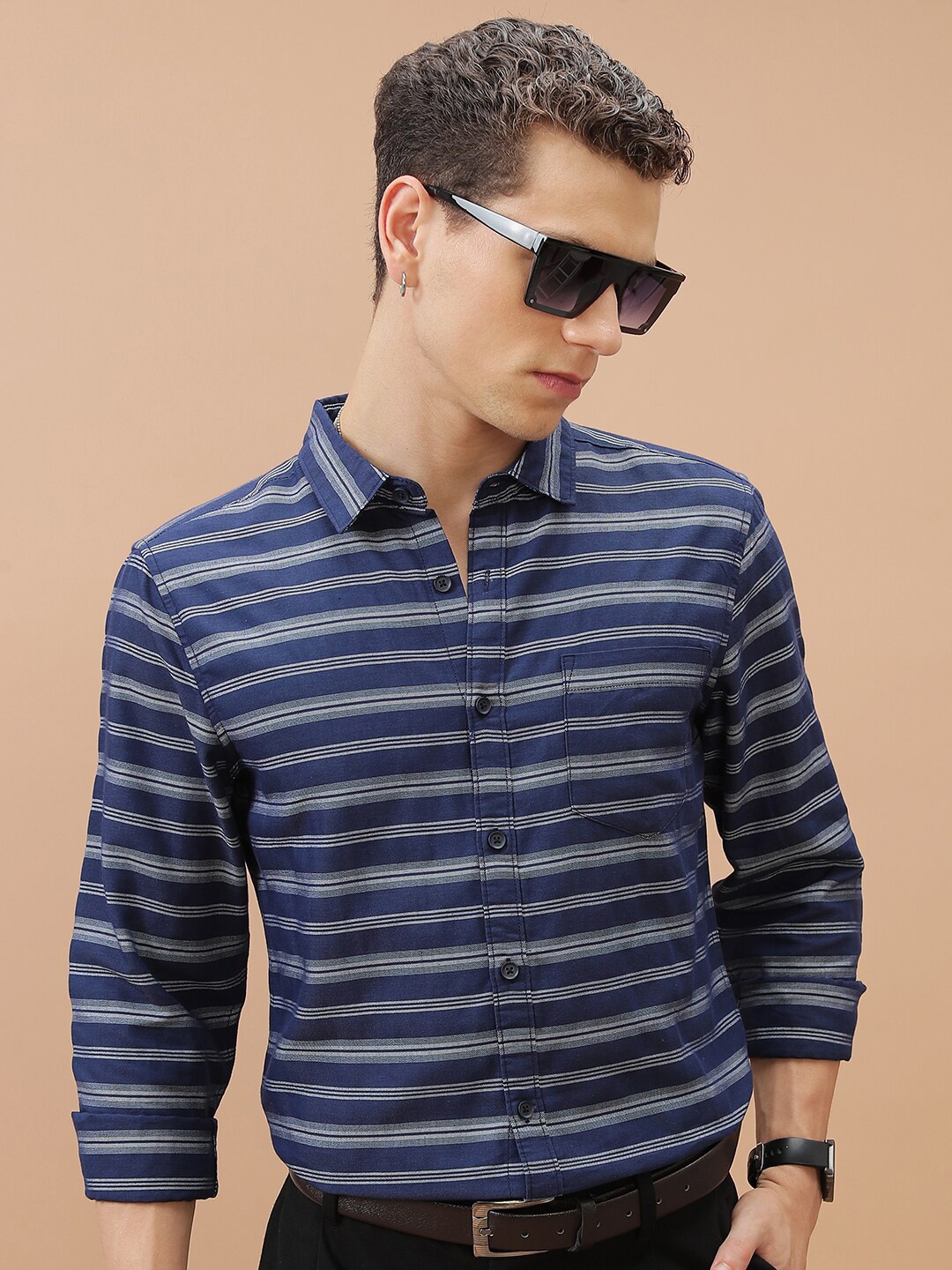 

HIGHLANDER Slim Fit Horizontal Striped Casual Shirt, Blue