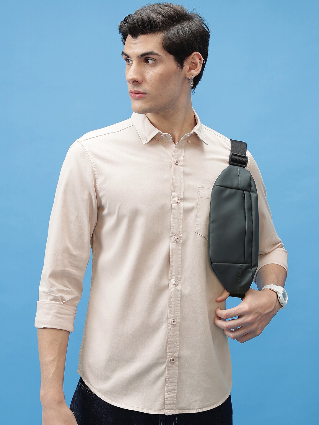 

HIGHLANDER Slim Fit Spread Collar Cotton Casual Shirt, Beige