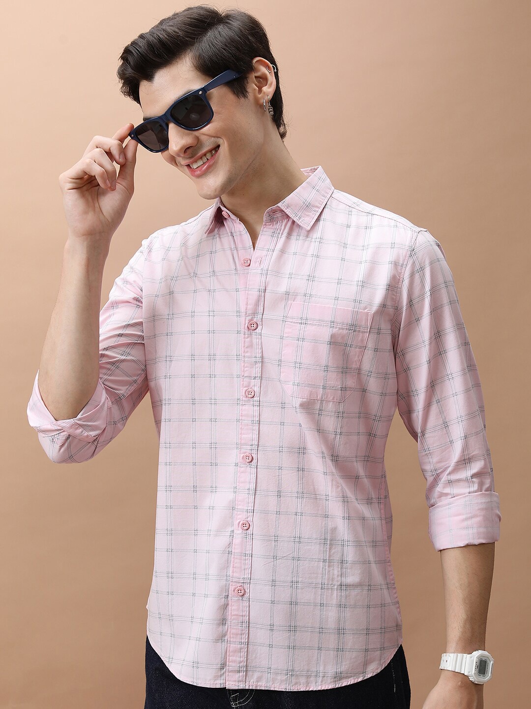 

HIGHLANDER Slim Fit Tartan Checks Cotton Casual Shirt, Pink