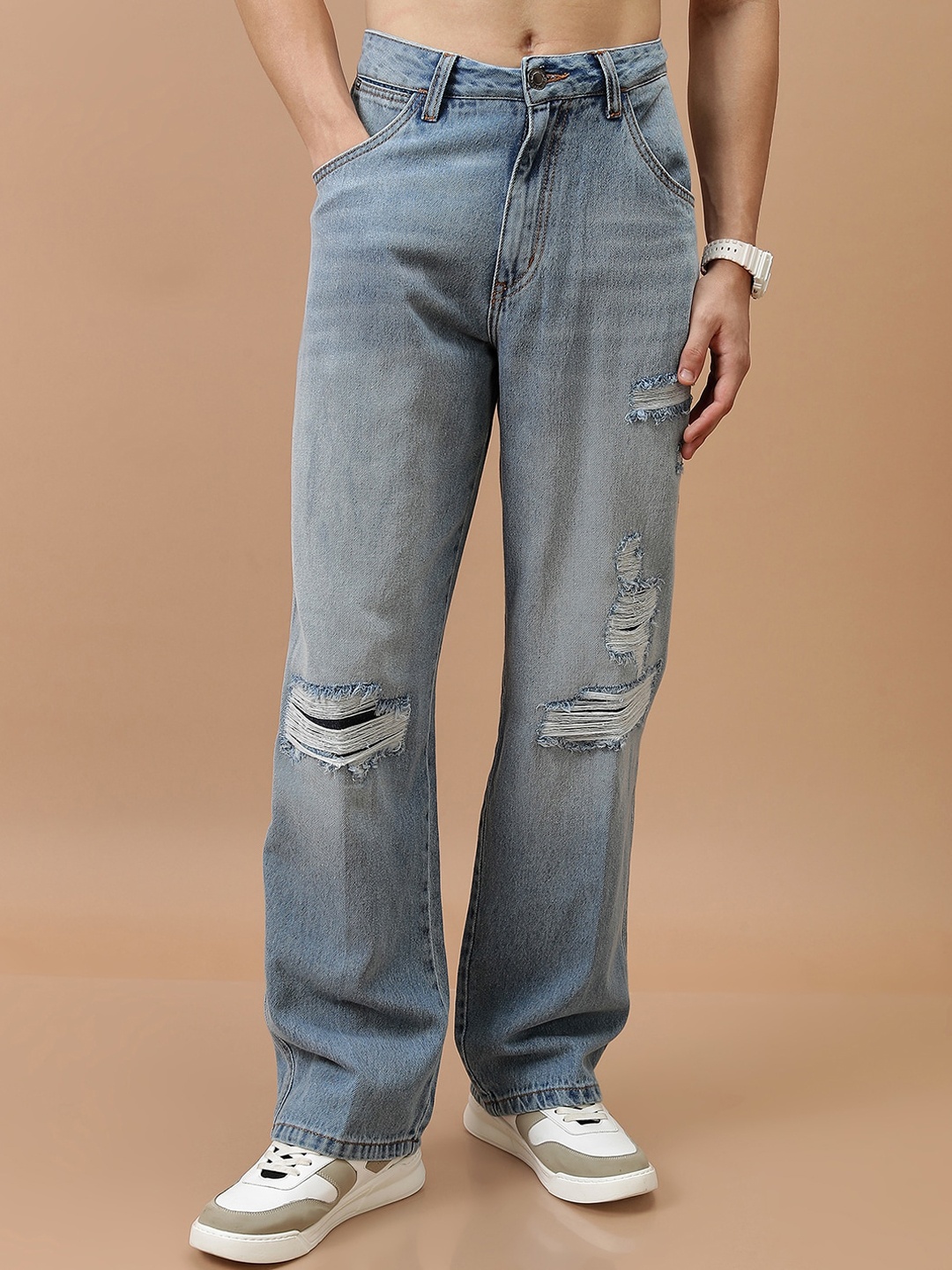 

HIGHLANDER Men Relaxed Fit Mid-Rise Mildly Distressed Light Fade Jeans, Blue