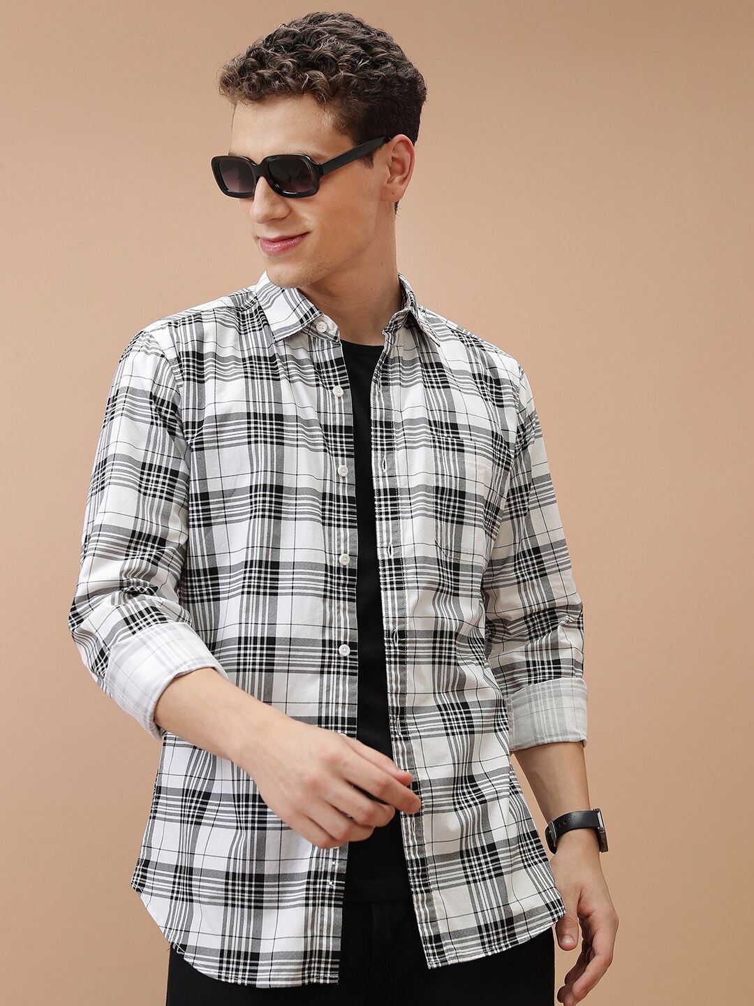

HIGHLANDER Slim Fit Tartan Checked Cotton Casual Shirt, White