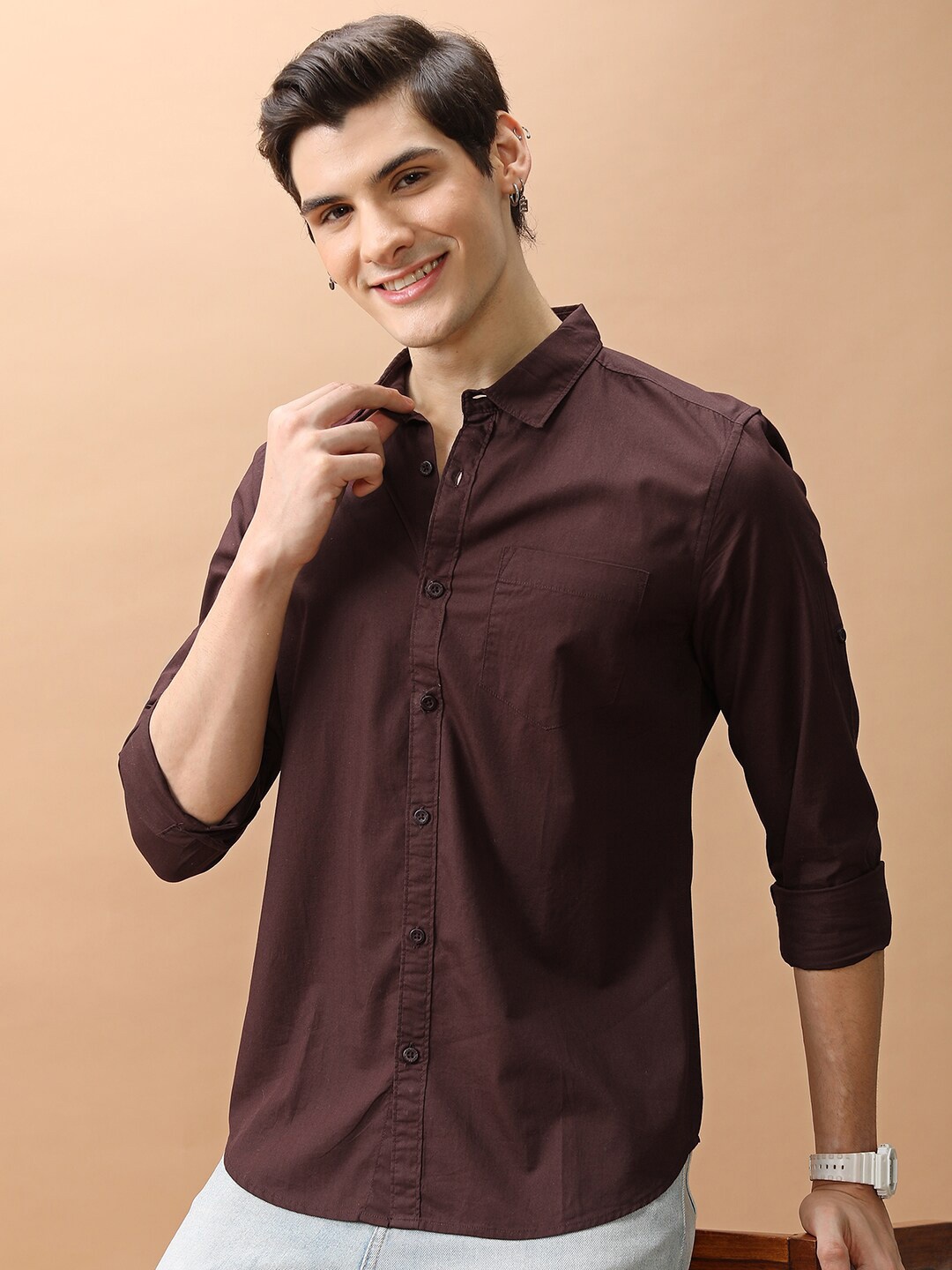 

HIGHLANDER Slim Fit Cotton Casual Shirt, Coffee brown