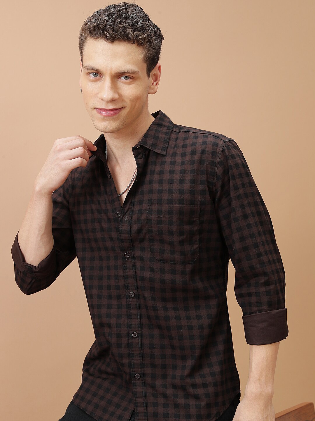 

HIGHLANDER Slim Fit Checked Casual Shirt, Brown