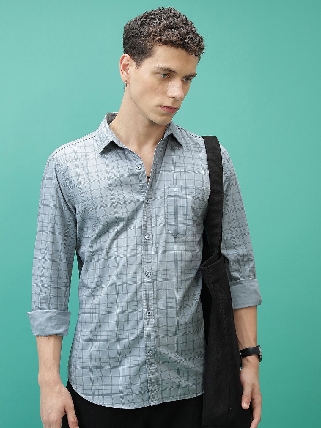 

HIGHLANDER Grey Slim Fit Grid Tattersall Checked Cotton Casual Shirt
