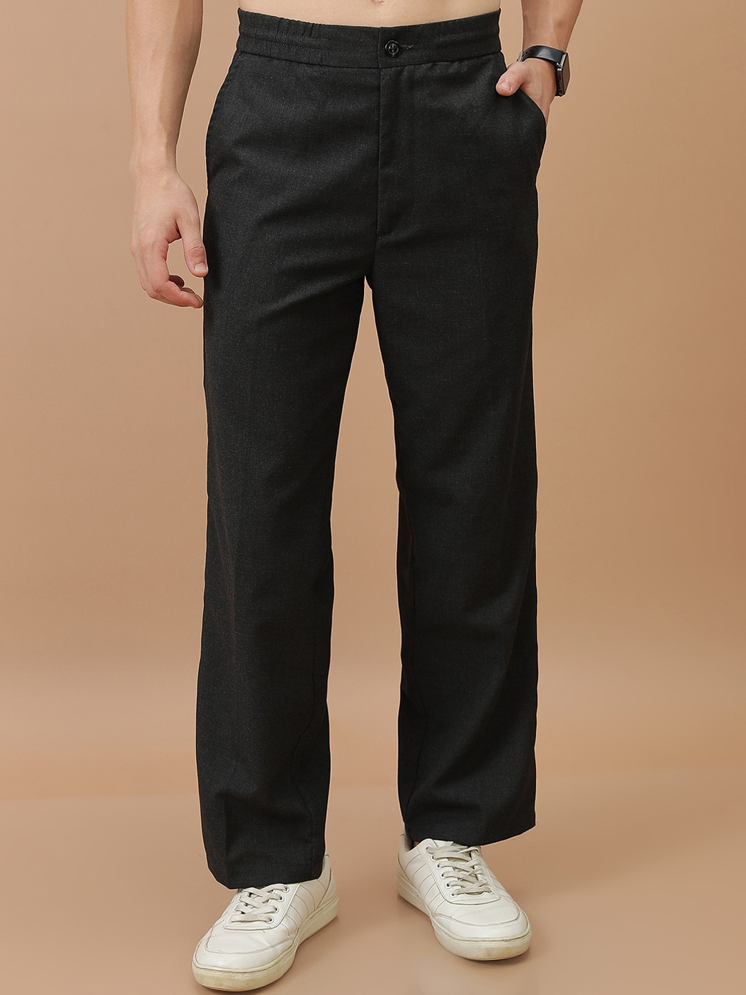 

HIGHLANDER Men Charcoal Regular Fit Mid-Rise Plain Regular Trousers