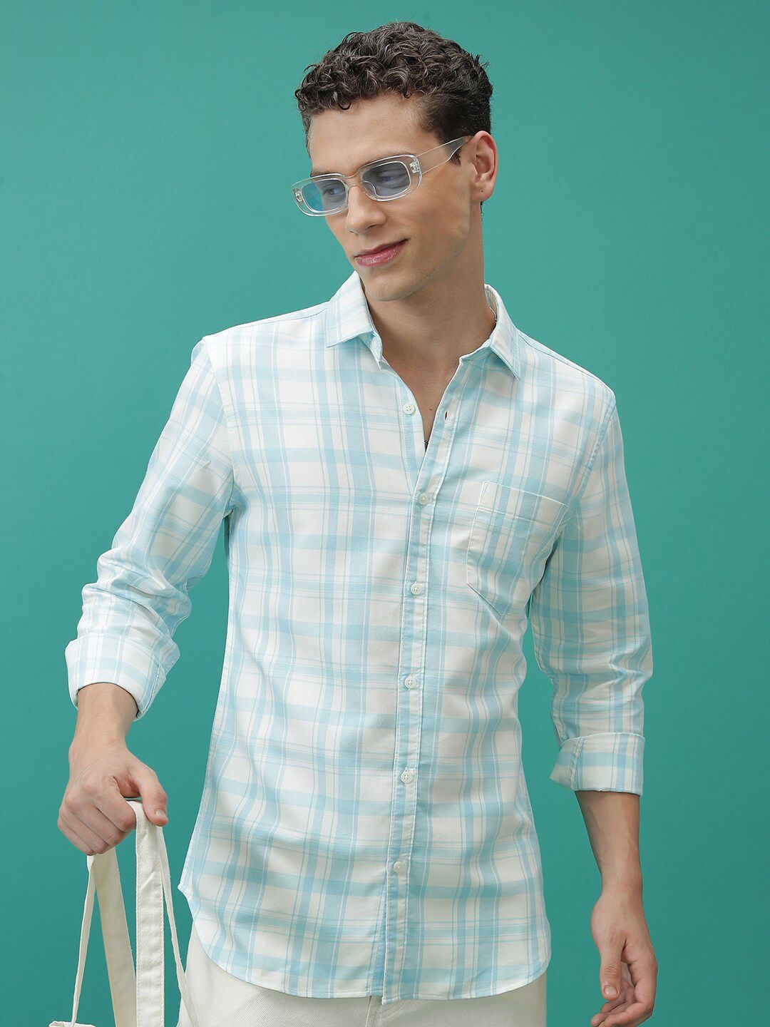 

HIGHLANDER Slim Fit Tartan Checks Cotton Casual Shirt, White