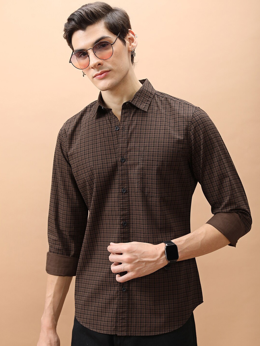 

HIGHLANDER Slim Fit Grid Tattersall Checks Cotton Casual Shirt, Brown
