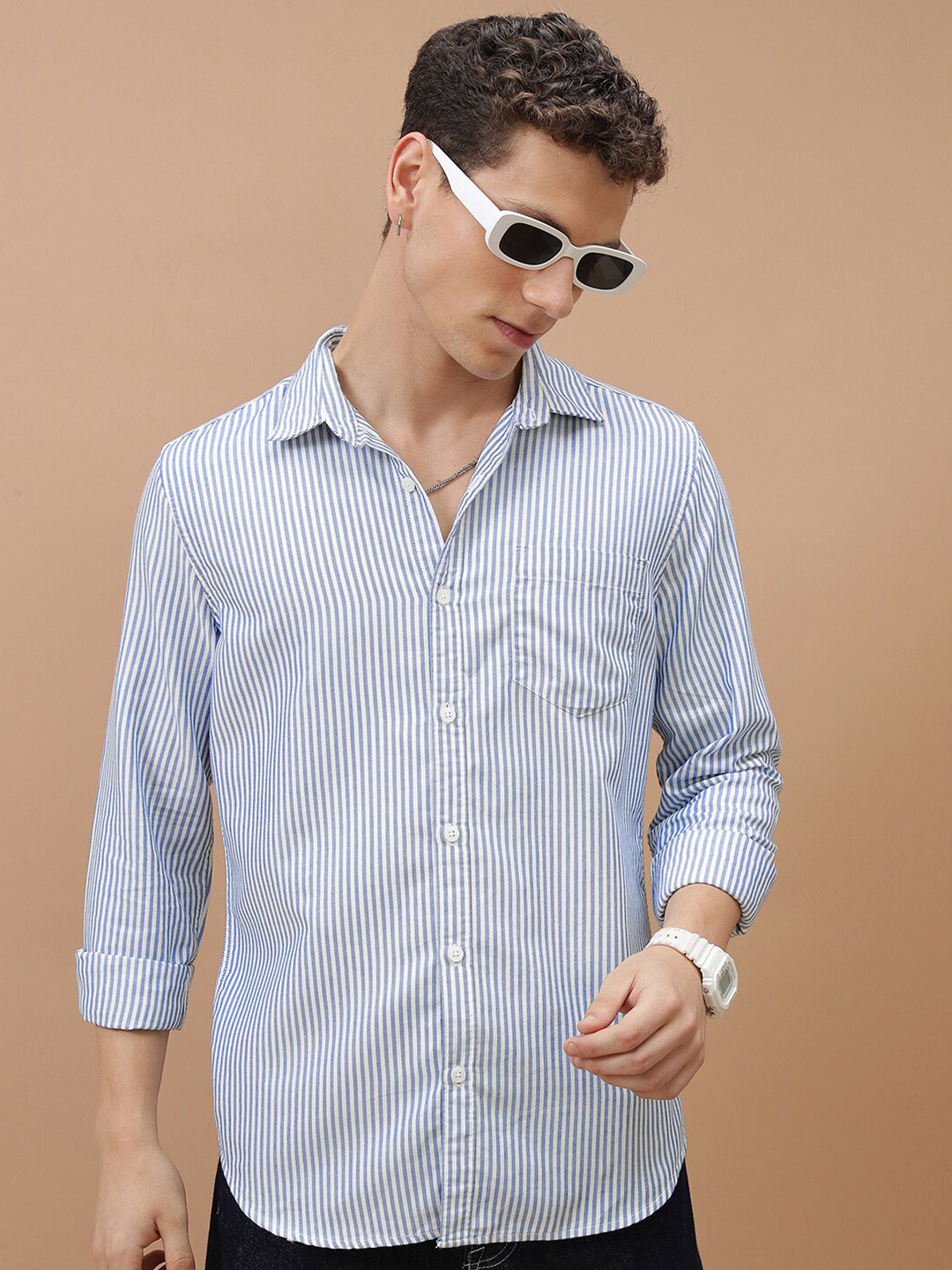 

HIGHLANDER Slim Fit Opaque Striped Casual Shirt, White