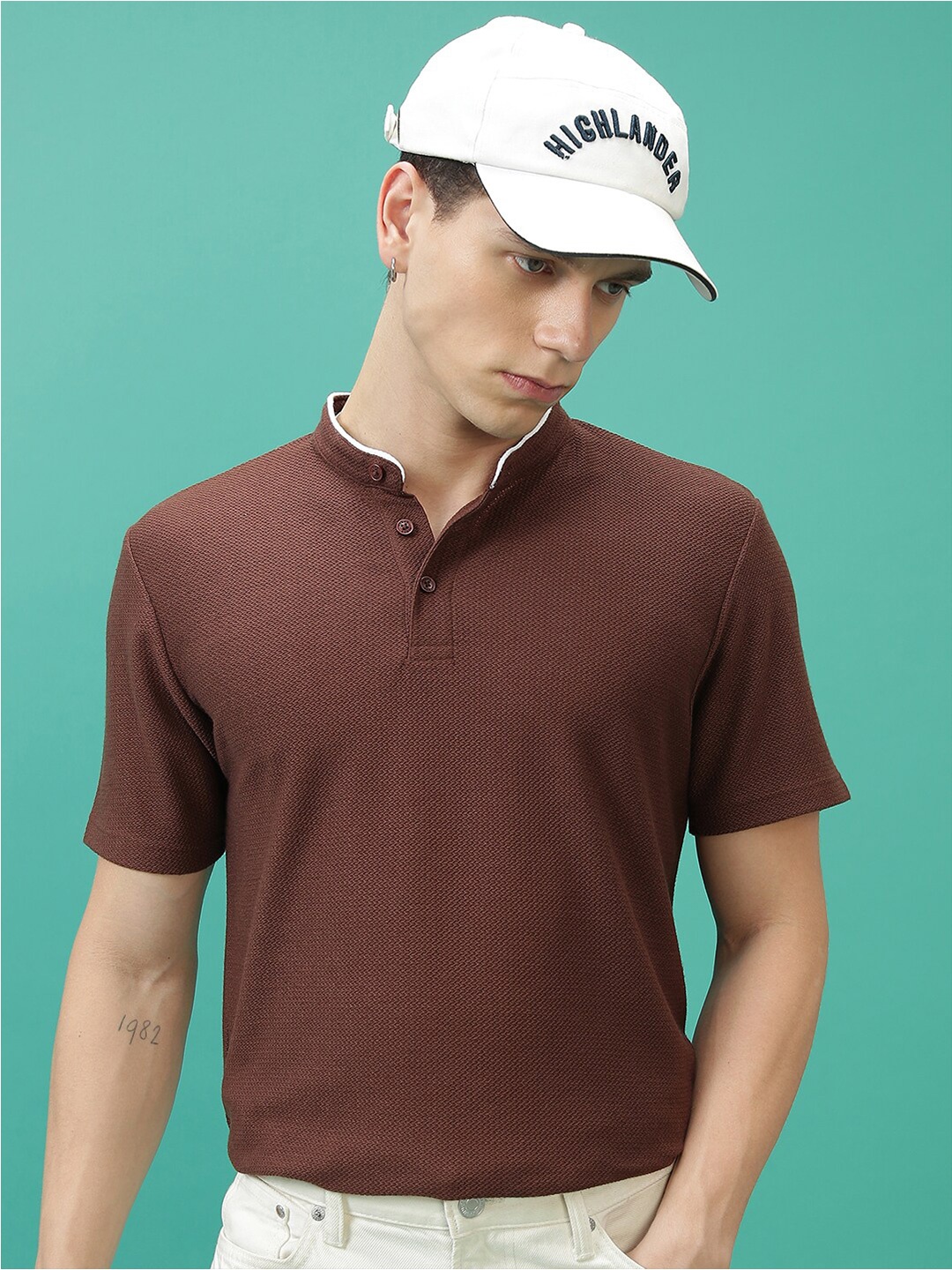 

HIGHLANDER Henley Neck Relaxed Fit T-shirt, Brown