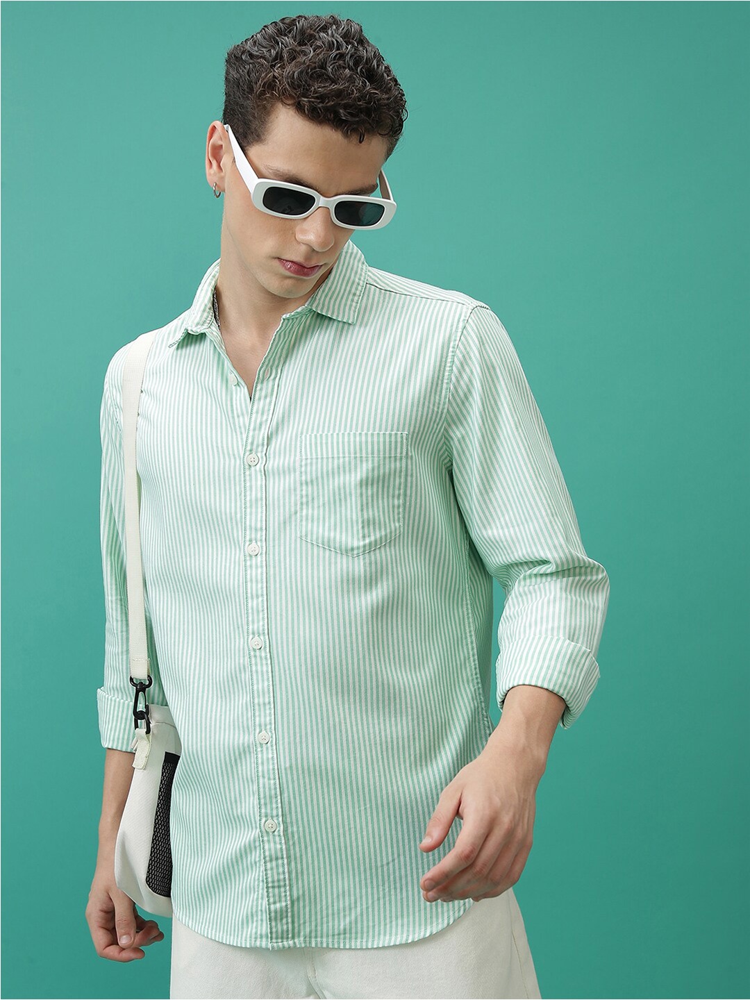 

HIGHLANDER Slim Fit Striped Cotton Casual Shirt, Green