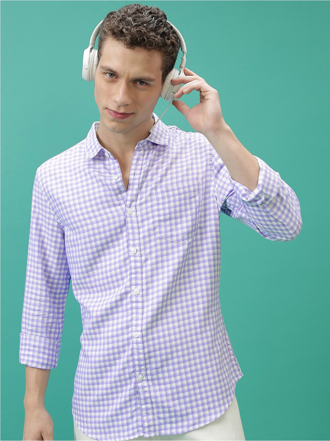 

HIGHLANDER Slim Fit Gingham Checked Casual Shirt, Lavender