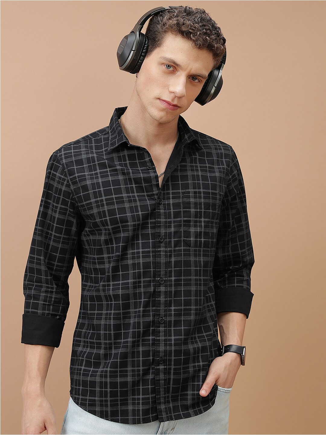 

HIGHLANDER Slim Fit Grid Tattersall Checked Cotton Casual Shirt, Black