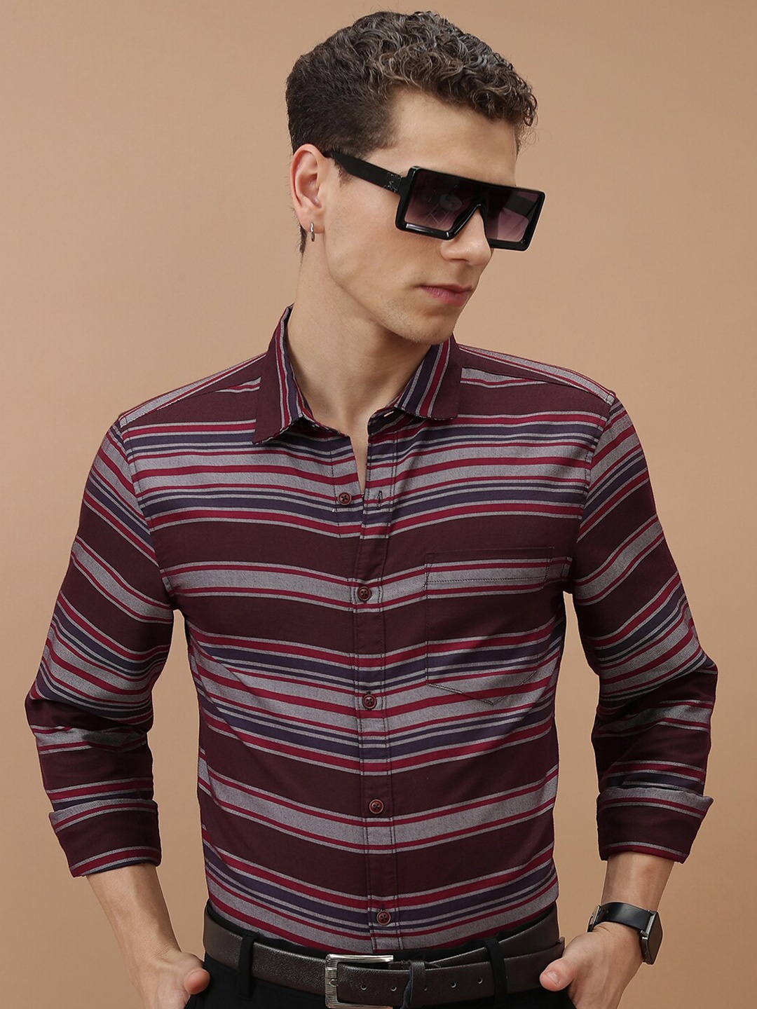 

HIGHLANDER Slim Fit Horizontal Striped Casual Shirt, Maroon