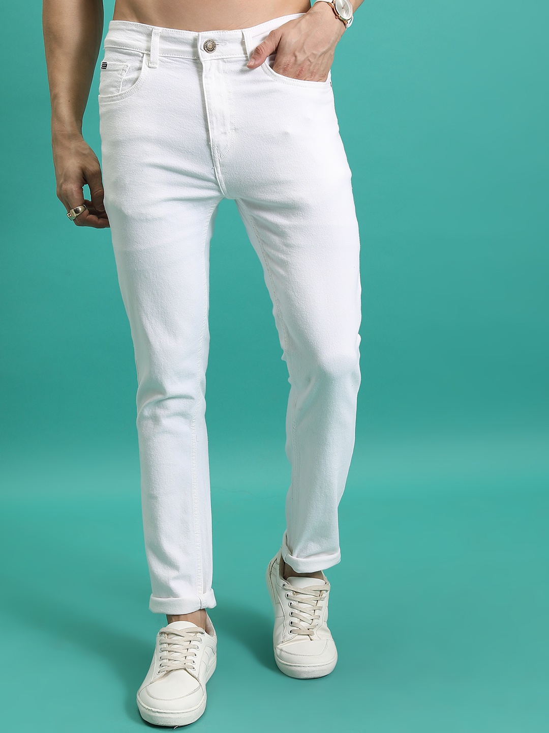 

HIGHLANDER Men Skinny Fit Mid-Rise Clean Look Stretchable Jeans, White