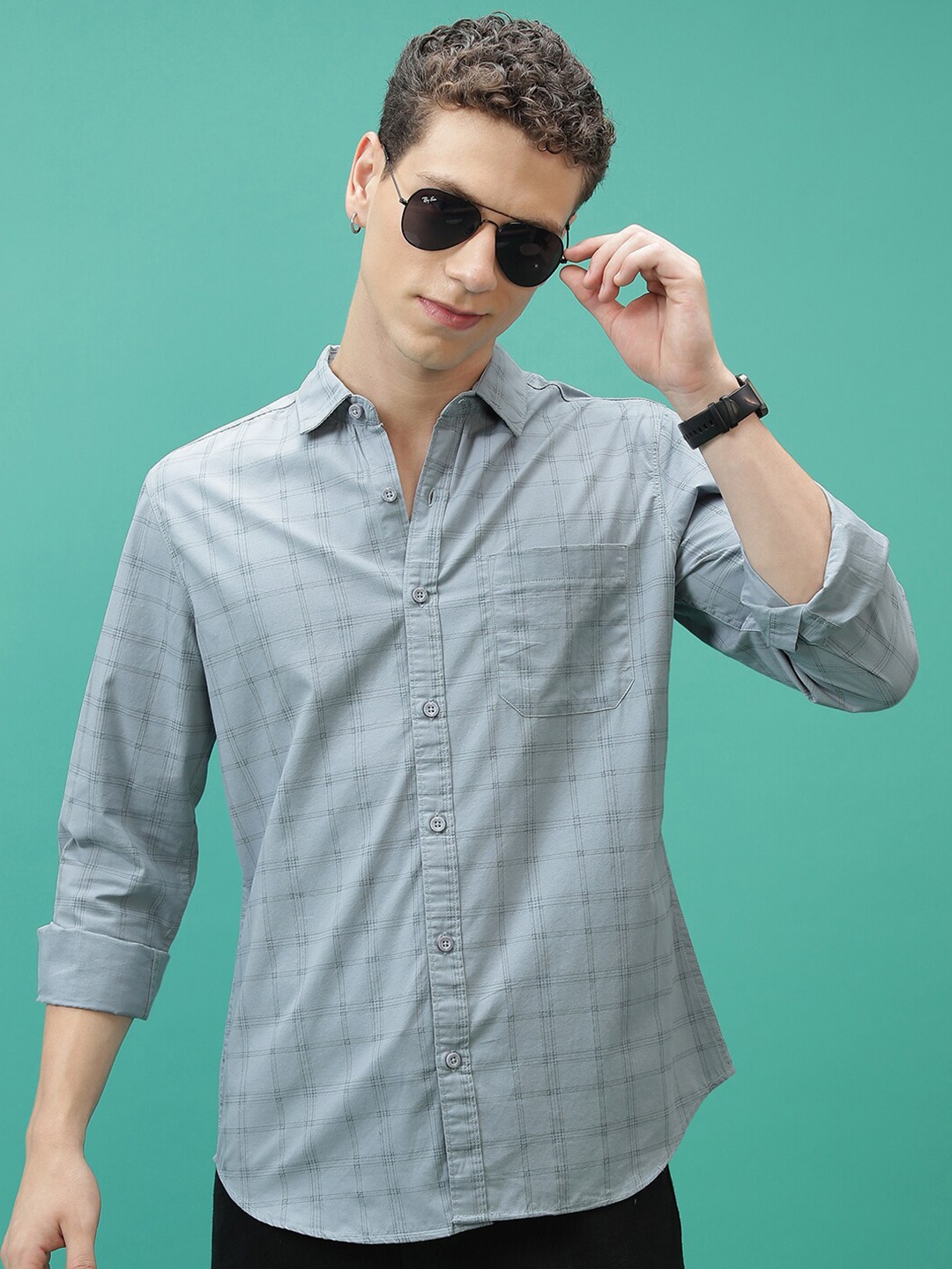 

HIGHLANDER Grey Slim Fit Checked Cotton Casual Shirt