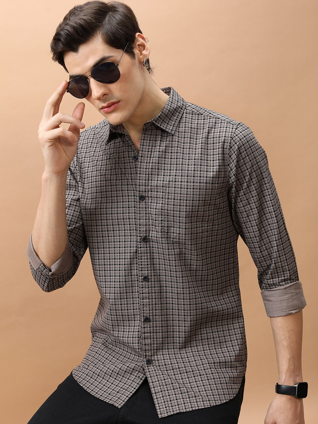 

HIGHLANDER Beige Slim Fit Grid Tattersall Checked Cotton Casual Shirt