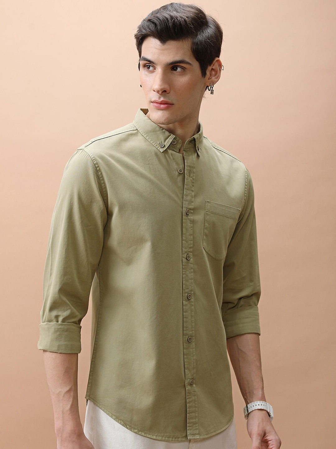 

HIGHLANDER Slim Fit Opaque Button-Down Collar Cotton Casual Shirt, Olive