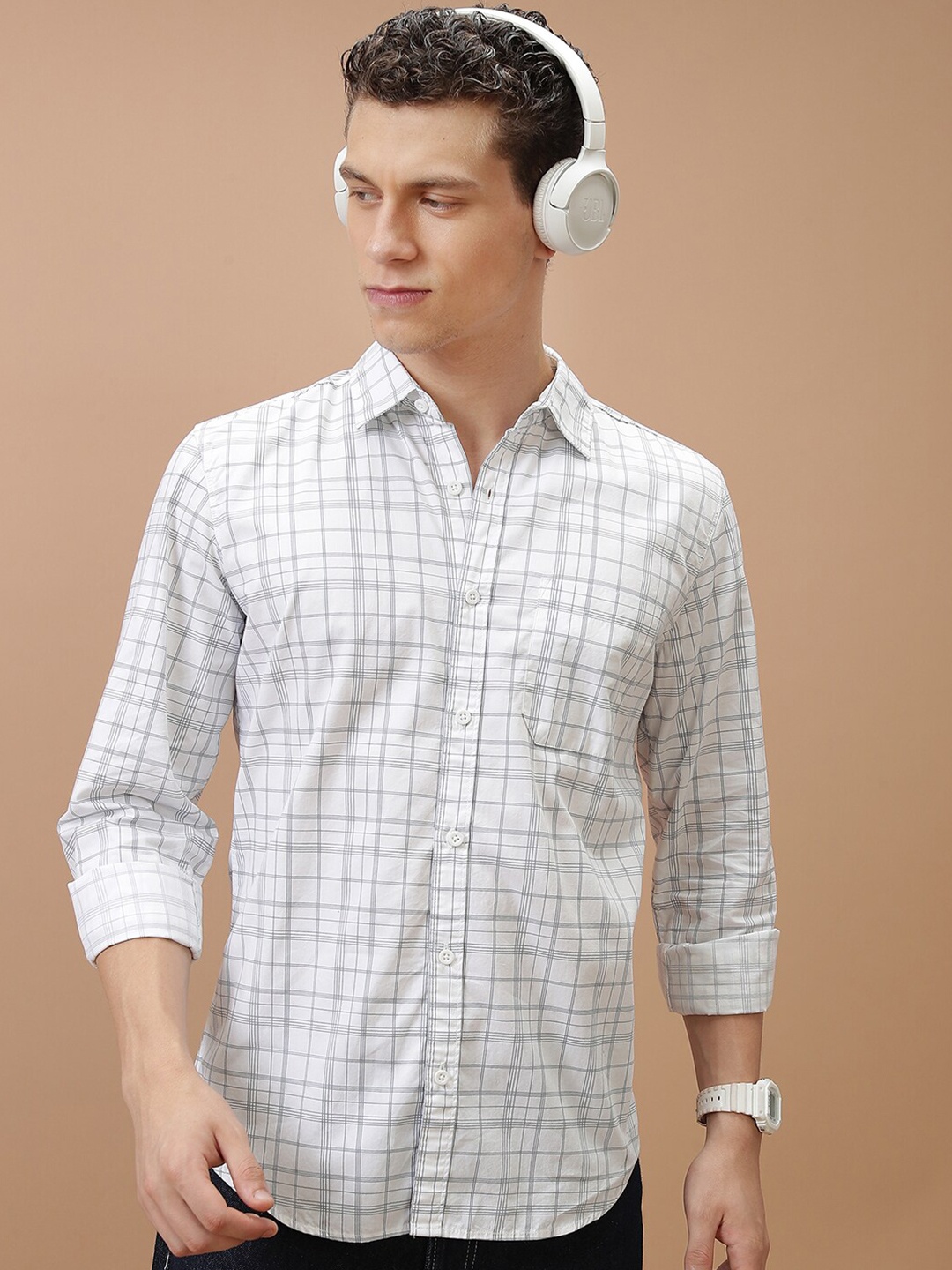 

HIGHLANDER Slim Fit Grid Tattersall Checked Cotton Casual Shirt, White