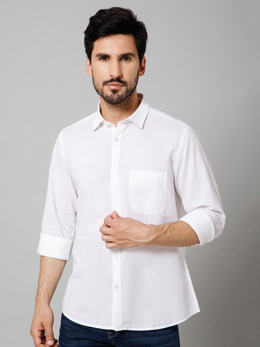 

Cantabil Comfort Spread Collar Chambray Weave Cotton Linen Casual Shirt, White