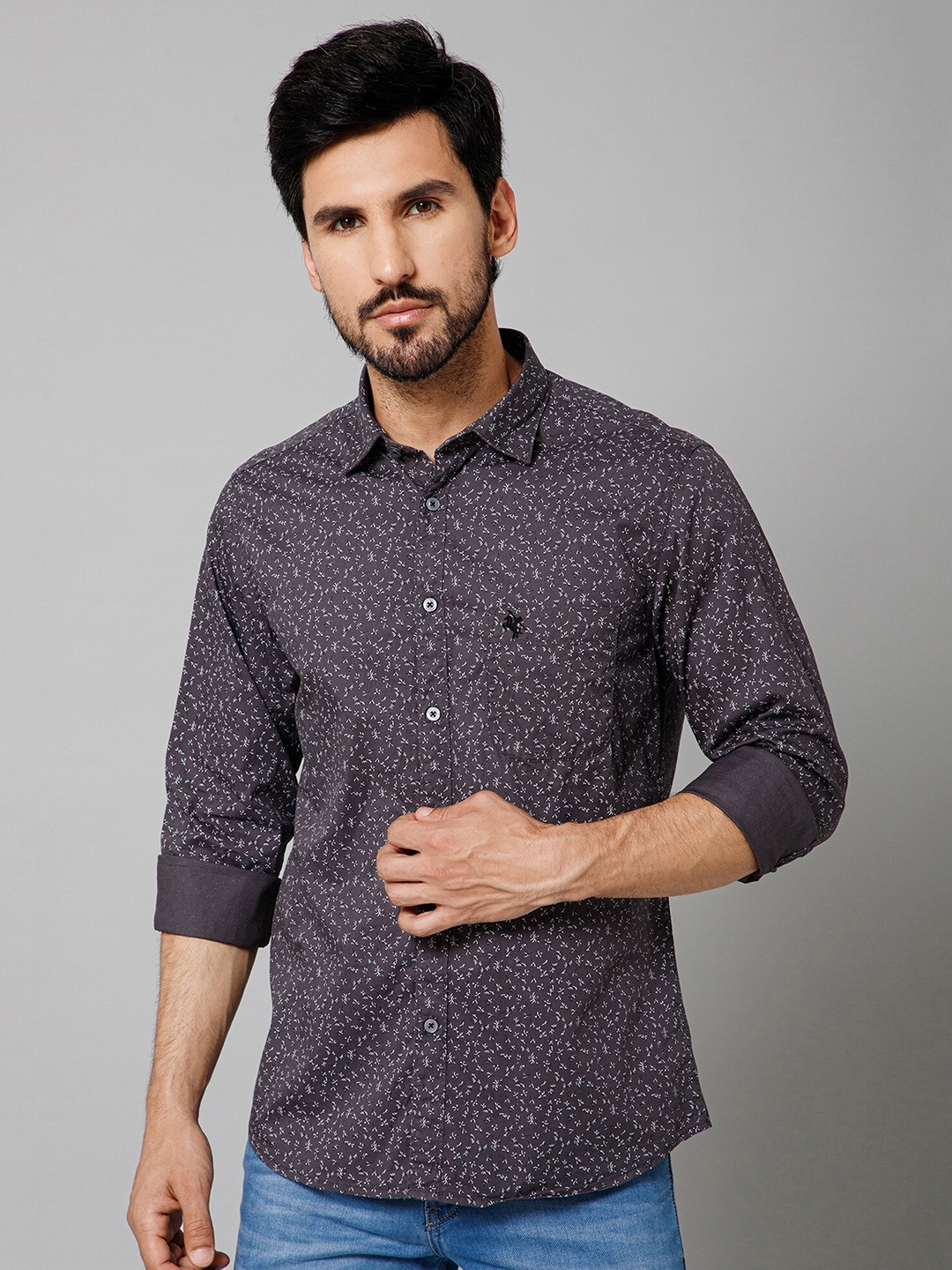 

Cantabil Comfort Floral Printed Cotton Casual Shirt, Grey