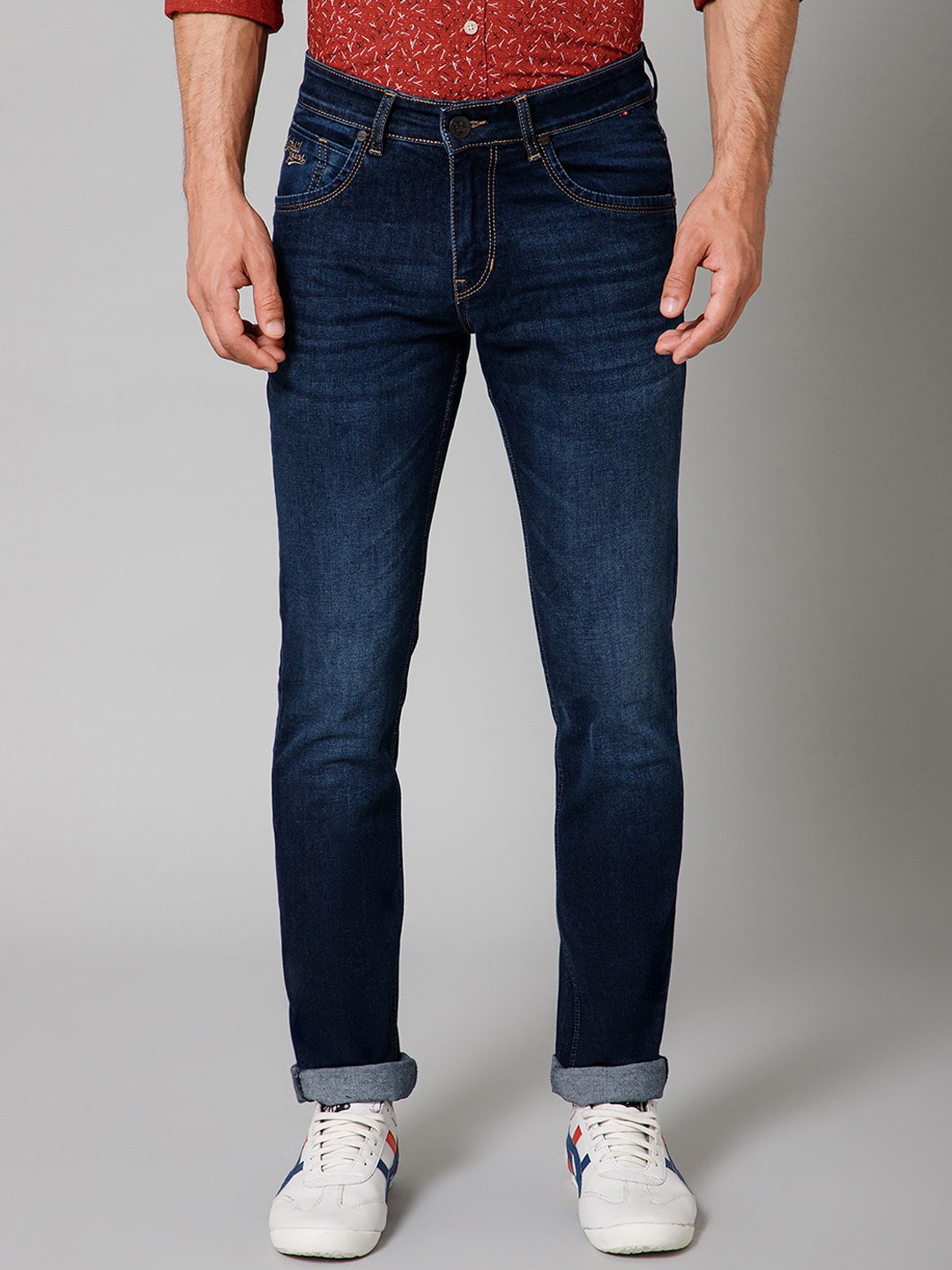 

Cantabil Men Mid-Rise Light Fade Clean Look Cotton Jeans, Blue
