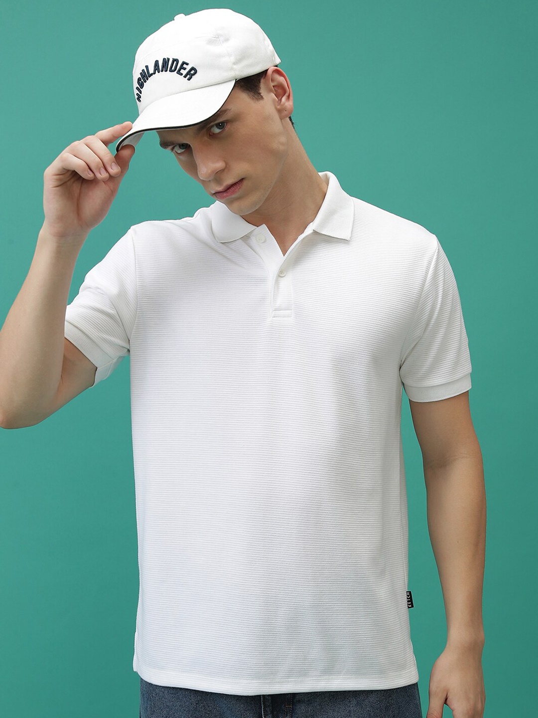 

KETCH White Polo Collar Relaxed Fit Popcorn Structured T-shirt