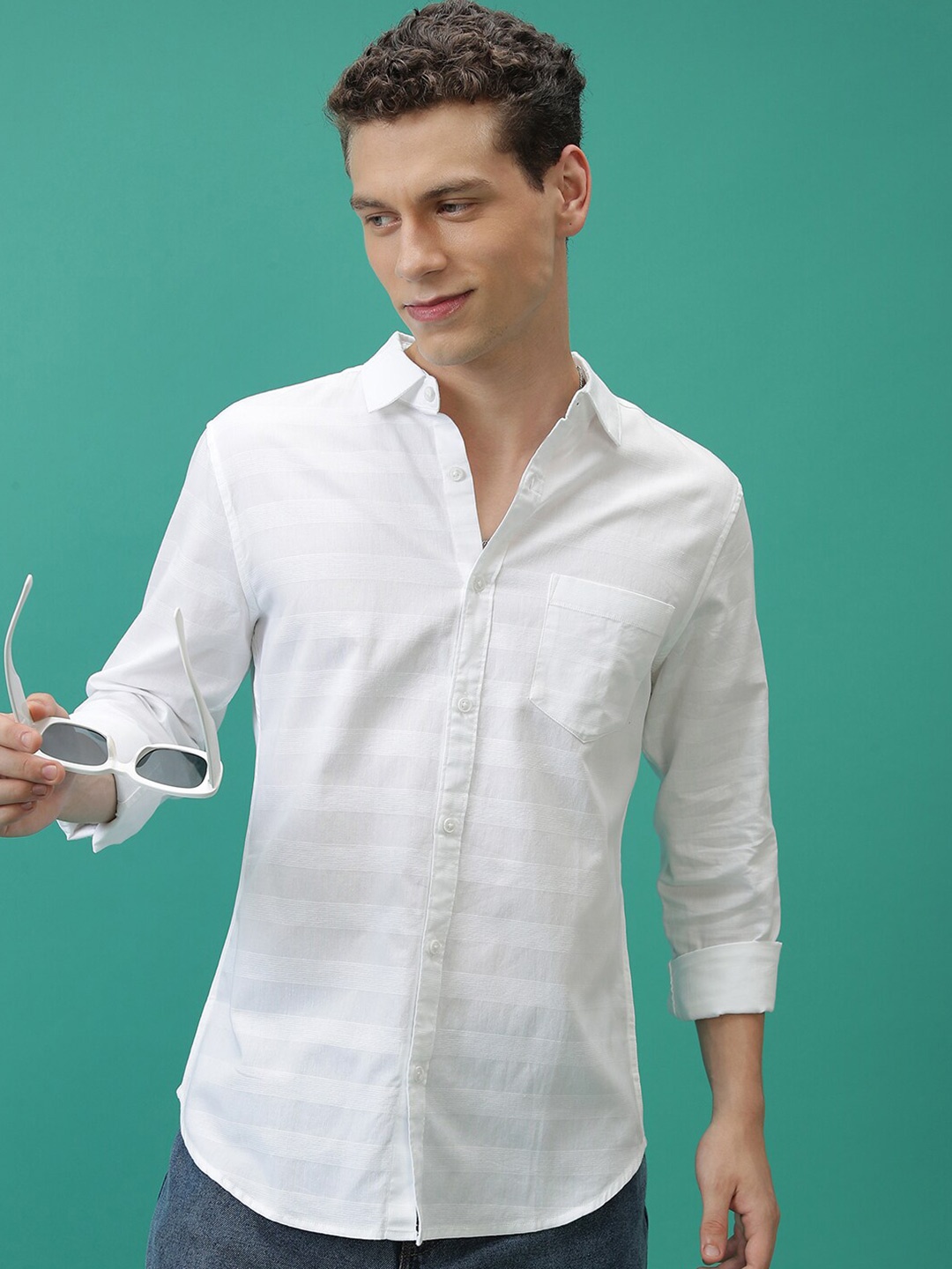 

KETCH Slim Fit Horizontal Stripes Cotton Casual Shirt, White