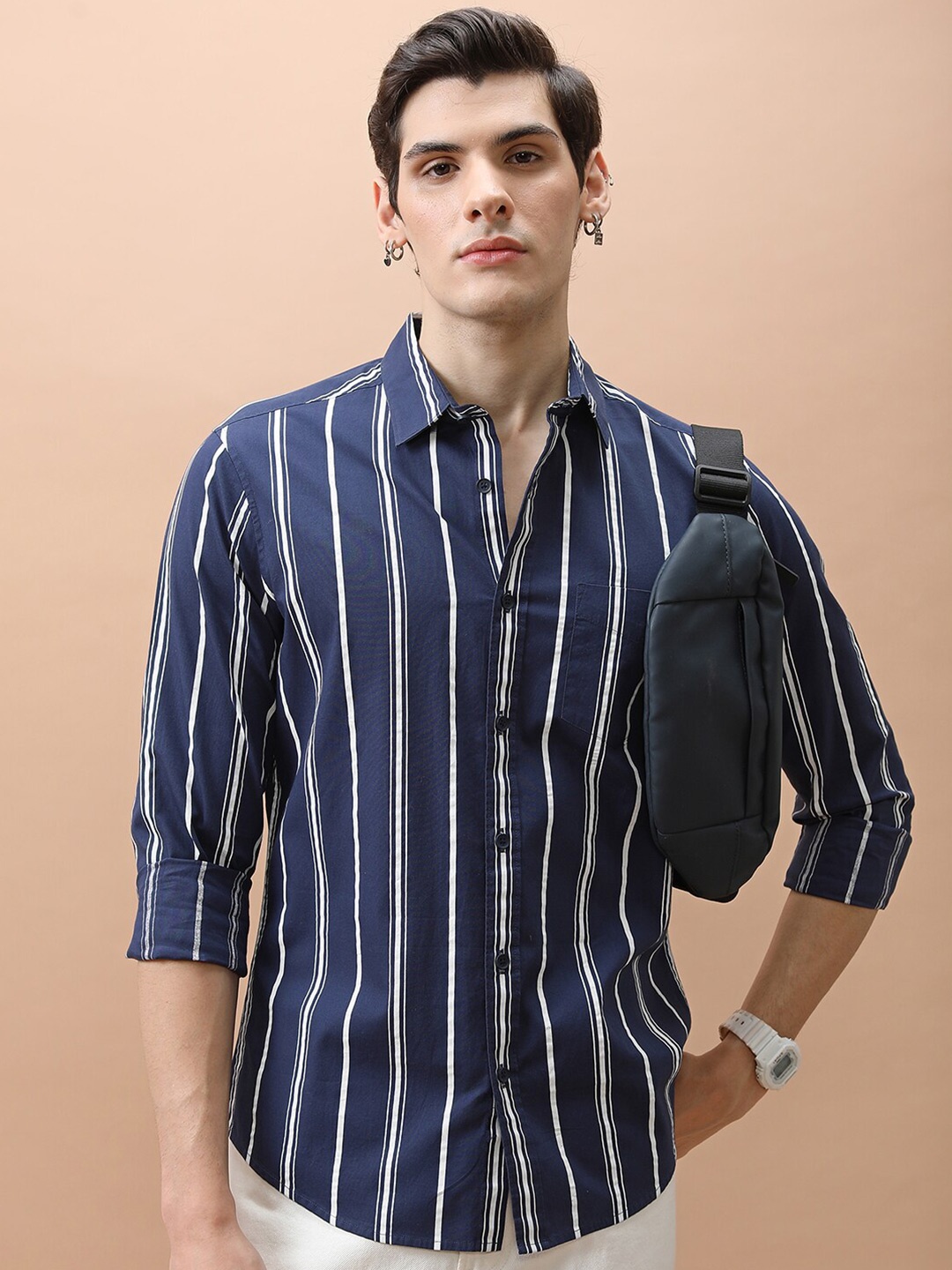 

KETCH Slim Fit Vertical Stripes Cotton Casual Shirt, Navy blue
