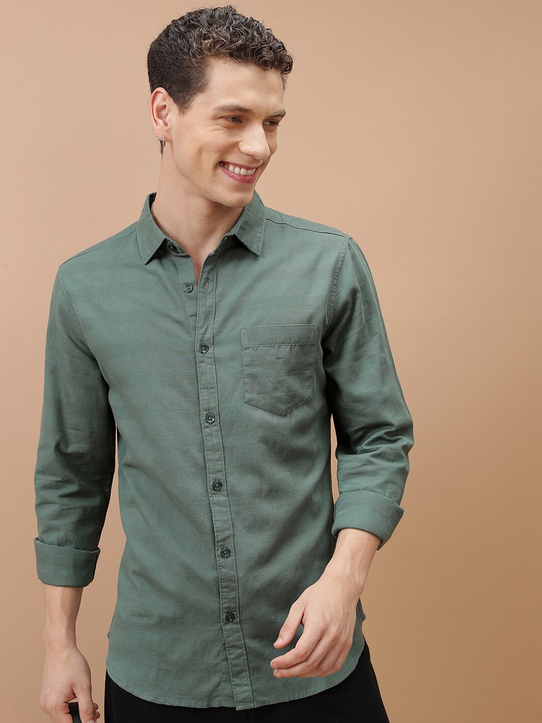 

KETCH Slim Fit Spread Collar Pocket Cotton Casual Shirt, Olive