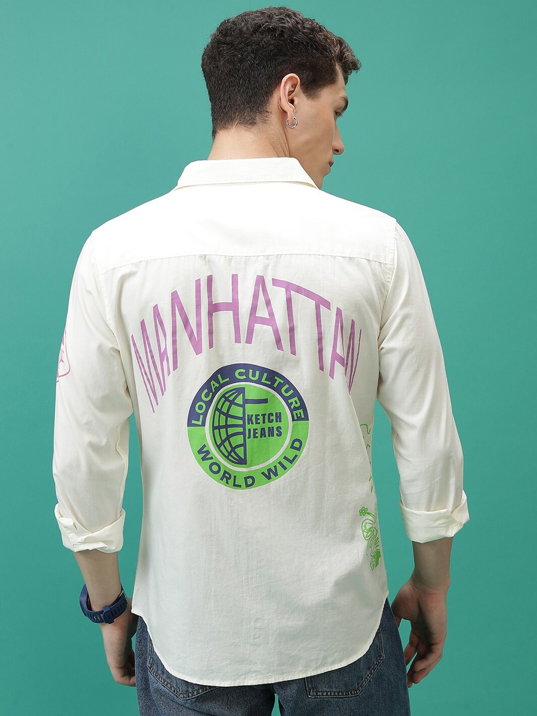 

KETCH Slim Fit Graphic Motifs Printed Spread Collar Cotton Casual Shirt, Off white