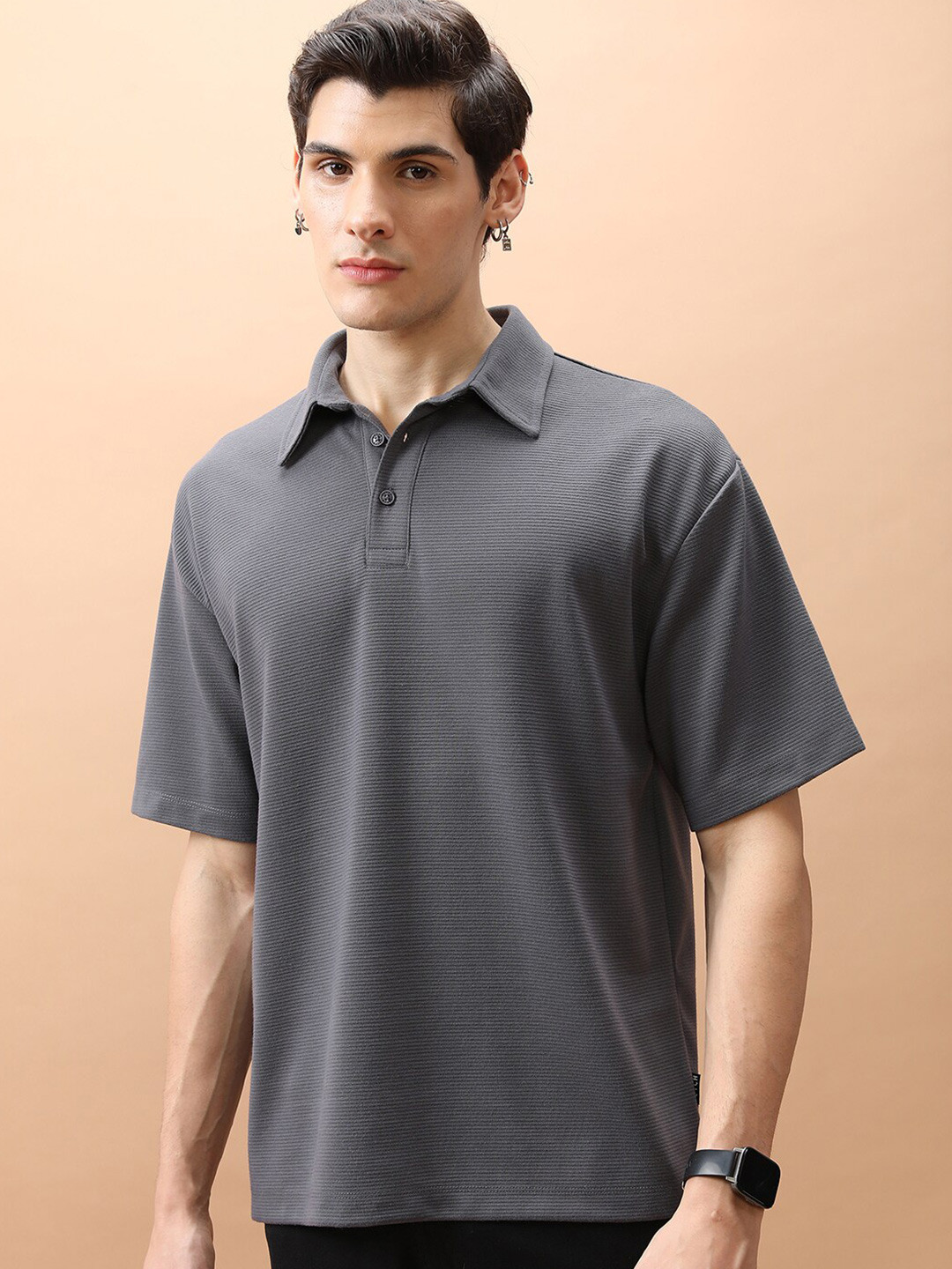 

KETCH Polo Collar Short Sleeve Oversized Popcorn structured T-shirt, Grey