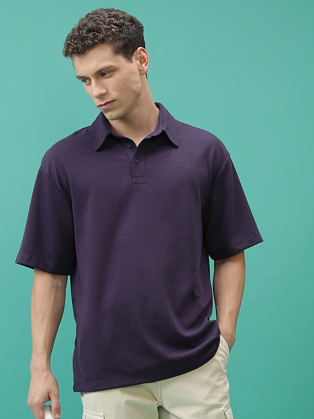 

KETCH Polo Collar Short Sleeve Oversized Popcorn structured T-shirt, Purple