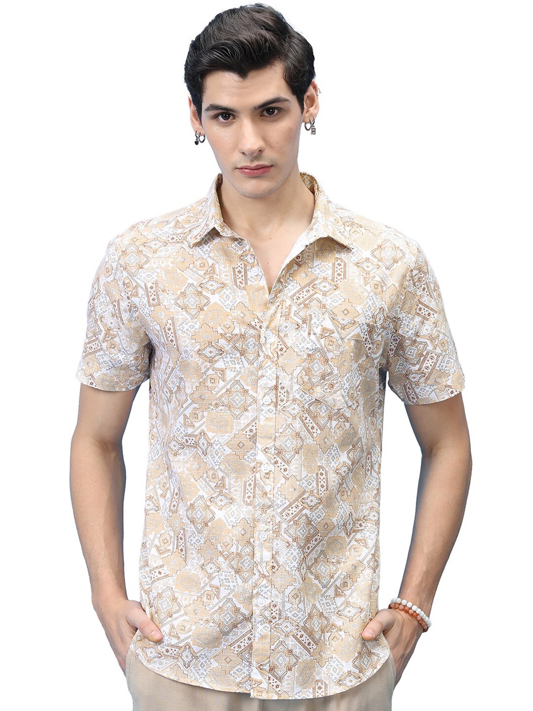

KETCH Slim Fit Ethnic Motifs Printed Spread Collar Cotton Casual Shirt, Peach