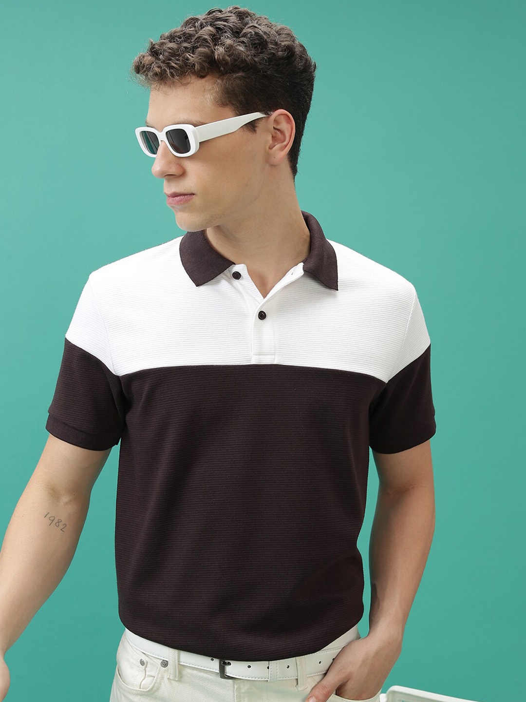 

KETCH Colourblocked Polo Collar Popcorn Structured T-shirt, Brown