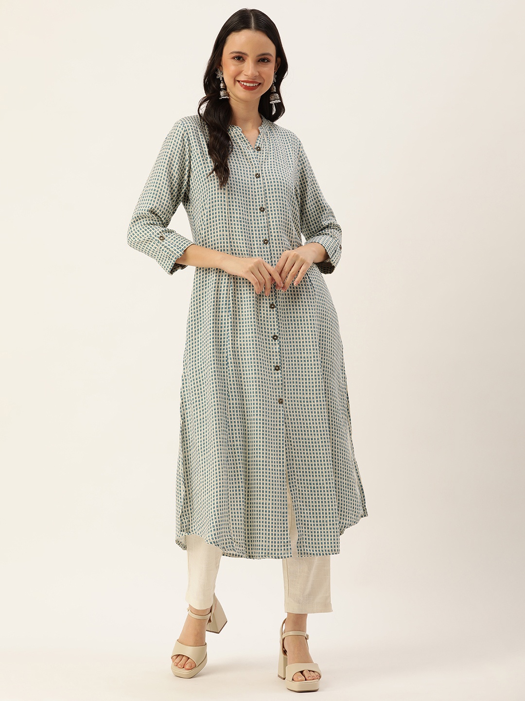 

AMUKTI Women Geometric Printed A-Line Kurta, White