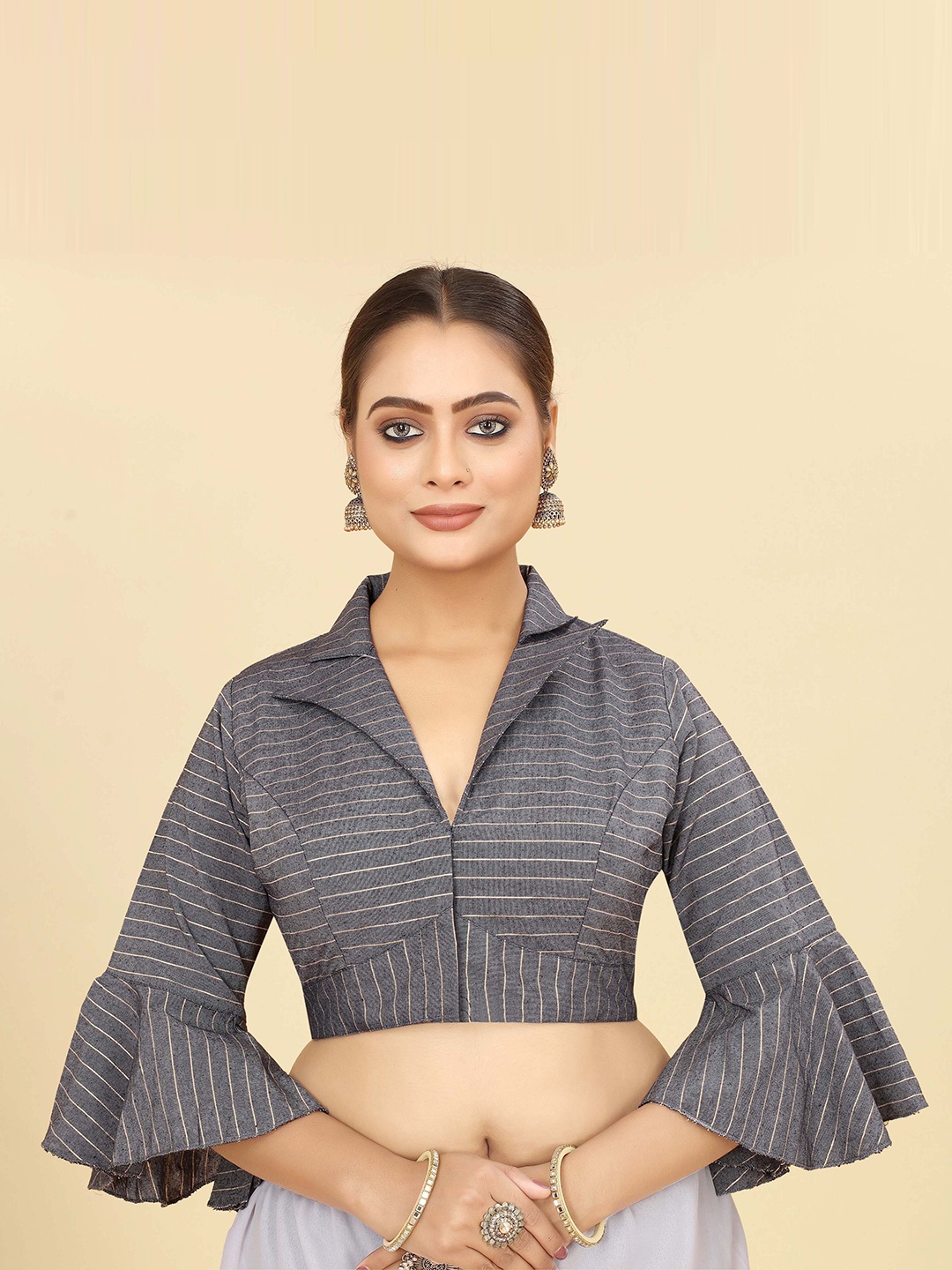 

SHOPGARB Striped Cotton Ruffle Sleeve Saree Blouse, Grey