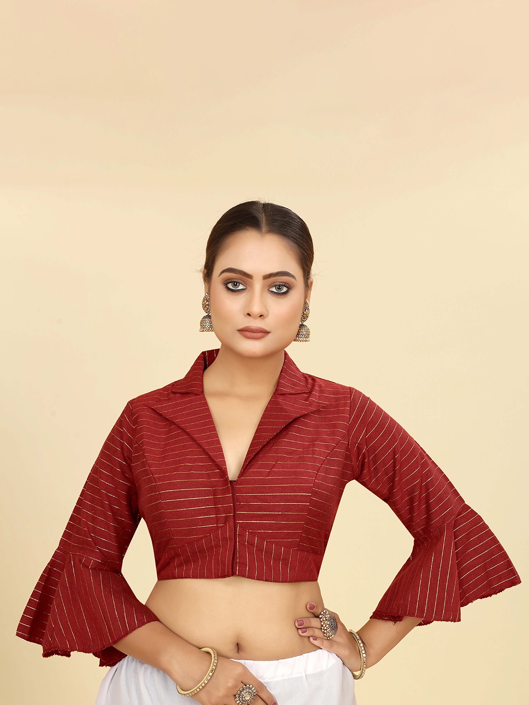 

SHOPGARB Striped Bell Sleeves Cotton Saree Blouse, Maroon