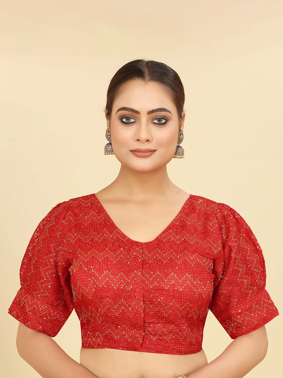 

SHOPGARB Embroidered Sequinned Georgette Readymade Saree Blouse, Red