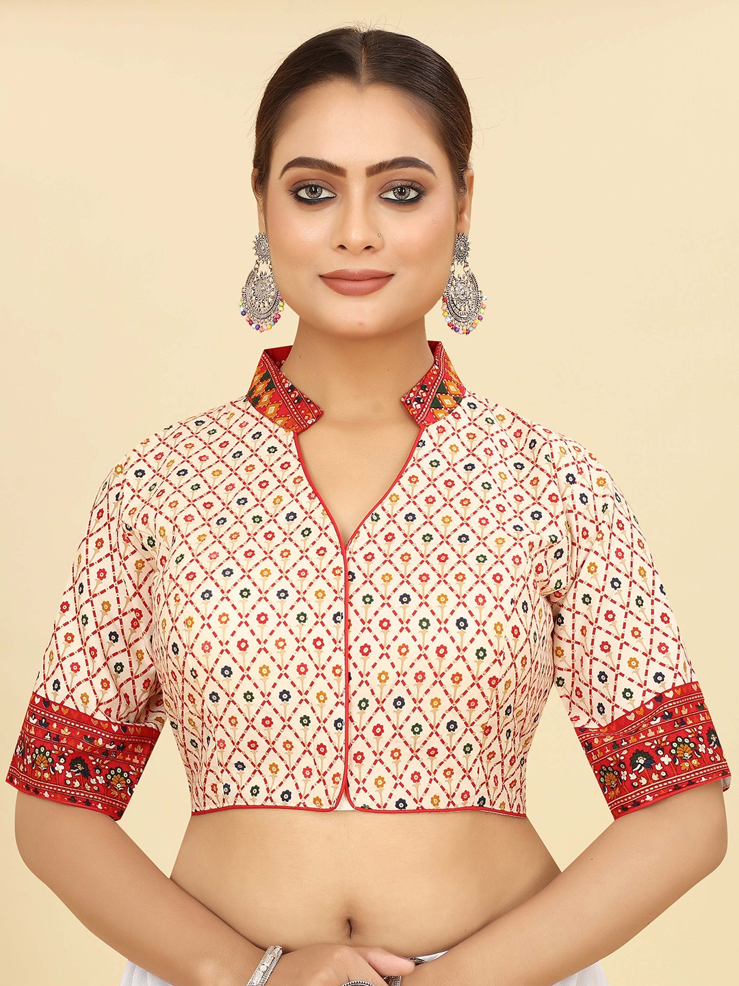 

SHOPGARB Printed Mandarin Collar Cotton Saree Blouse, Red