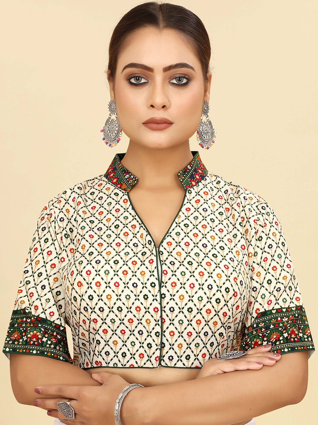

SHOPGARB Mandarin Collar Printed Cotton Saree Blouse, White