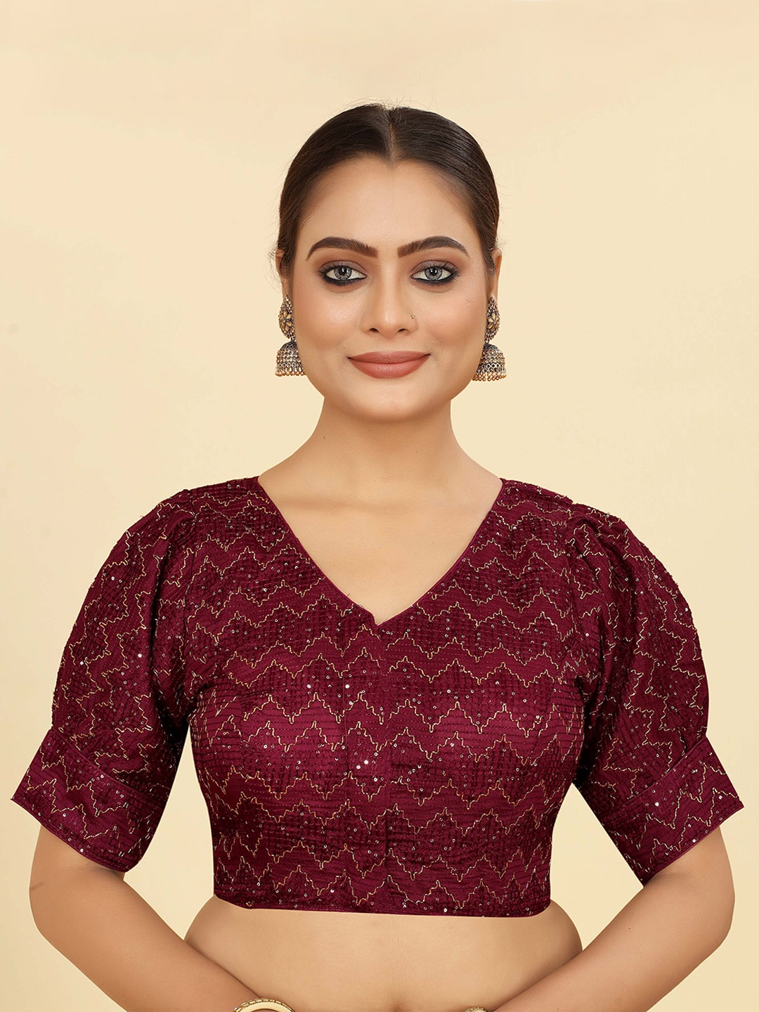 SHOPGARB Embroidered Georgette Saree Blouse, Burgundy