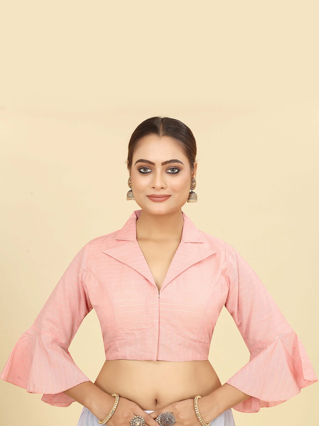 SHOPGARB Striped Cotton Bell Sleeve Saree Blouse, Pink