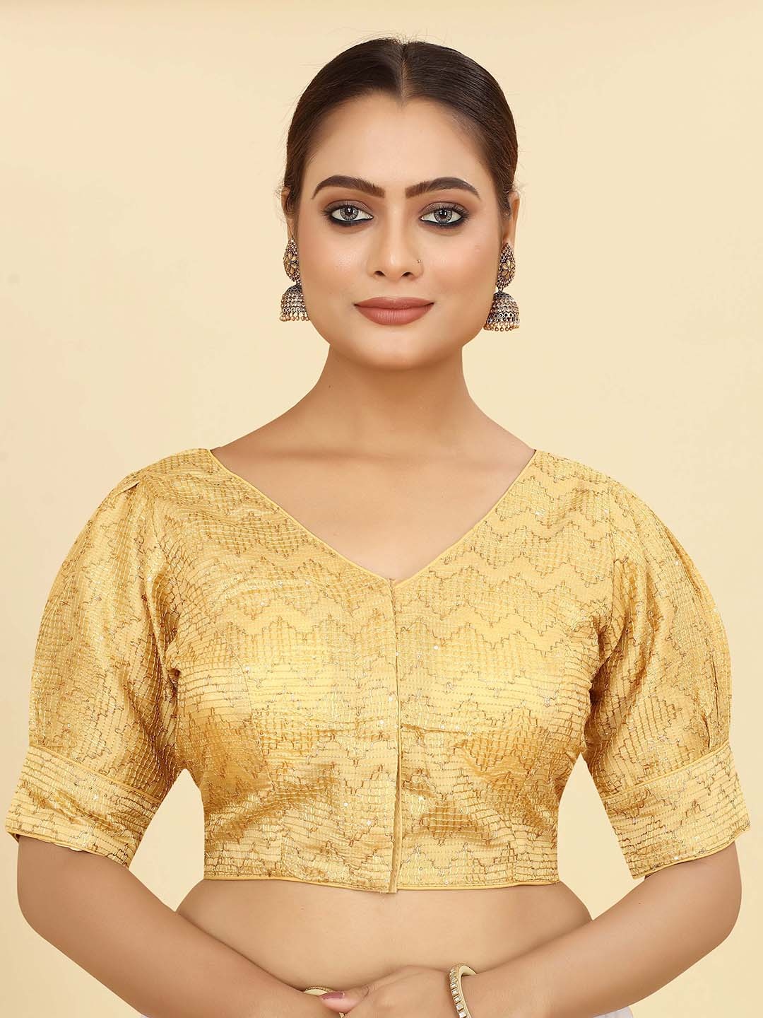 

SHOPGARB Embroidered Sequinned Georgette Readymade Saree Blouse, Beige