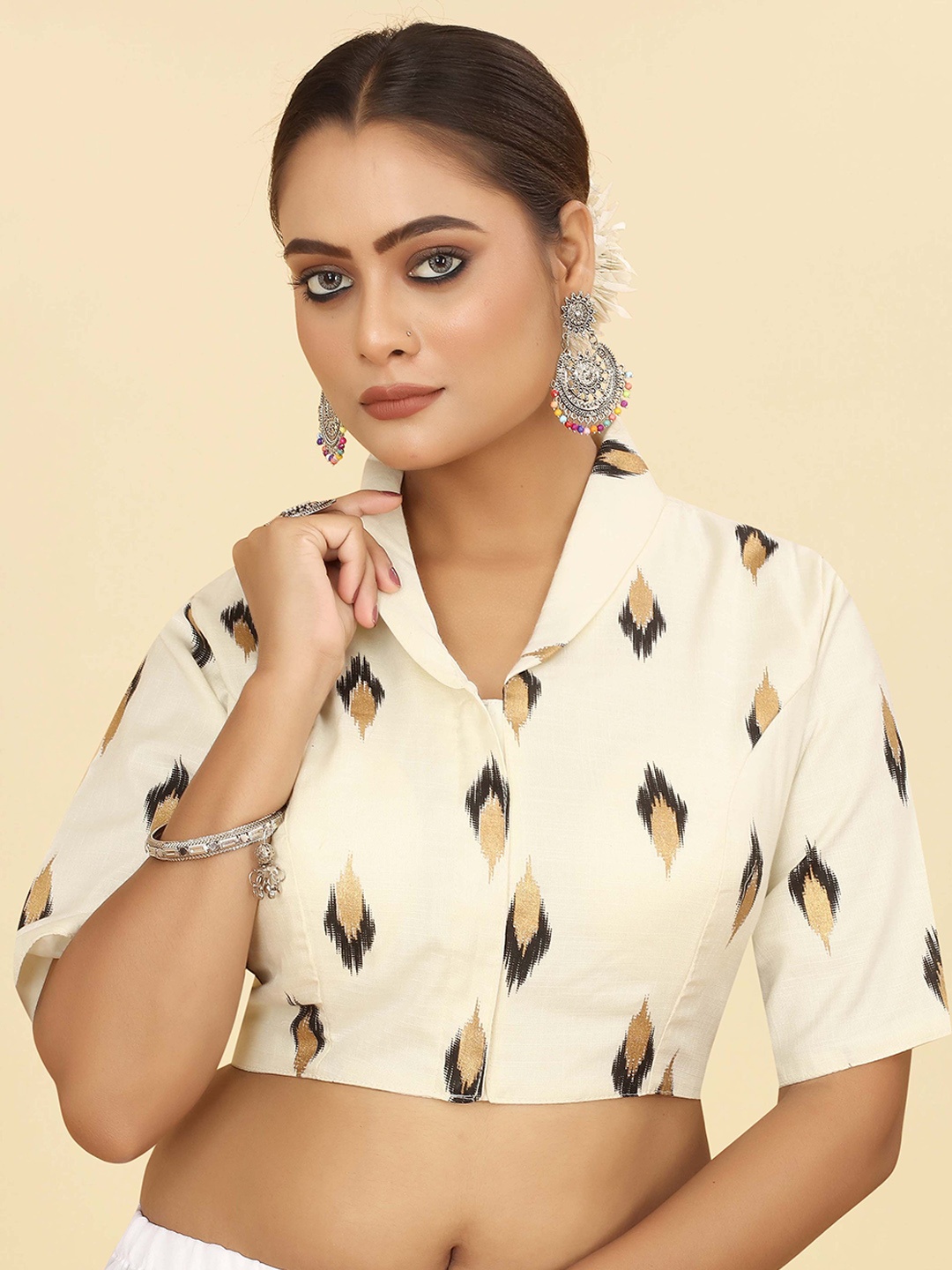 SHOPGARB Printed Cotton Saree Blouse, Off white