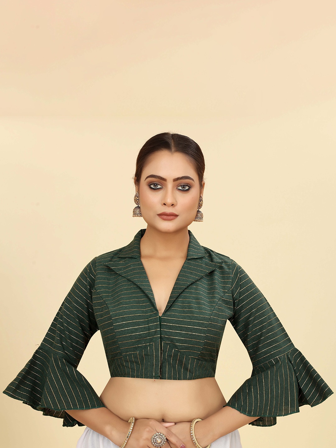 

SHOPGARB Striped Cotton Bell Sleeve Saree Blouse, Green