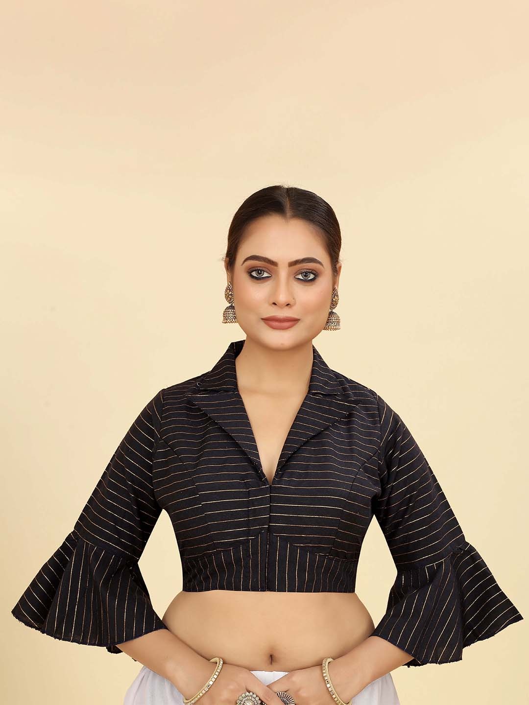 

SHOPGARB Embellished Cotton Saree Blouse, Navy blue