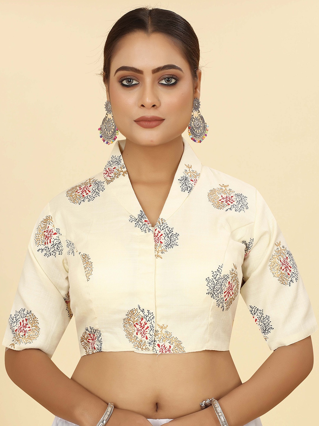 

SHOPGARB Ethnic Motifs Printed Cotton Saree Blouse, Off white