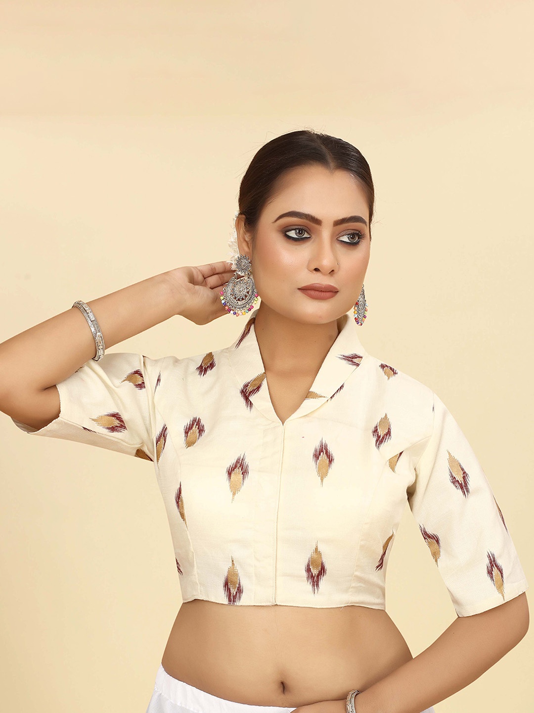 

SHOPGARB Printed Cotton Saree Blouse, Off white